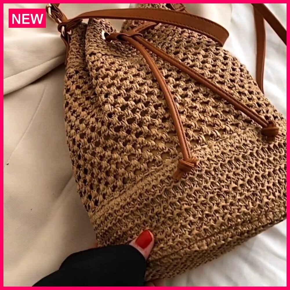 Straw Bucket Bag Woven Crossbody Hobo Drawstring Purse Beach Handbag - Picture 8 of 8